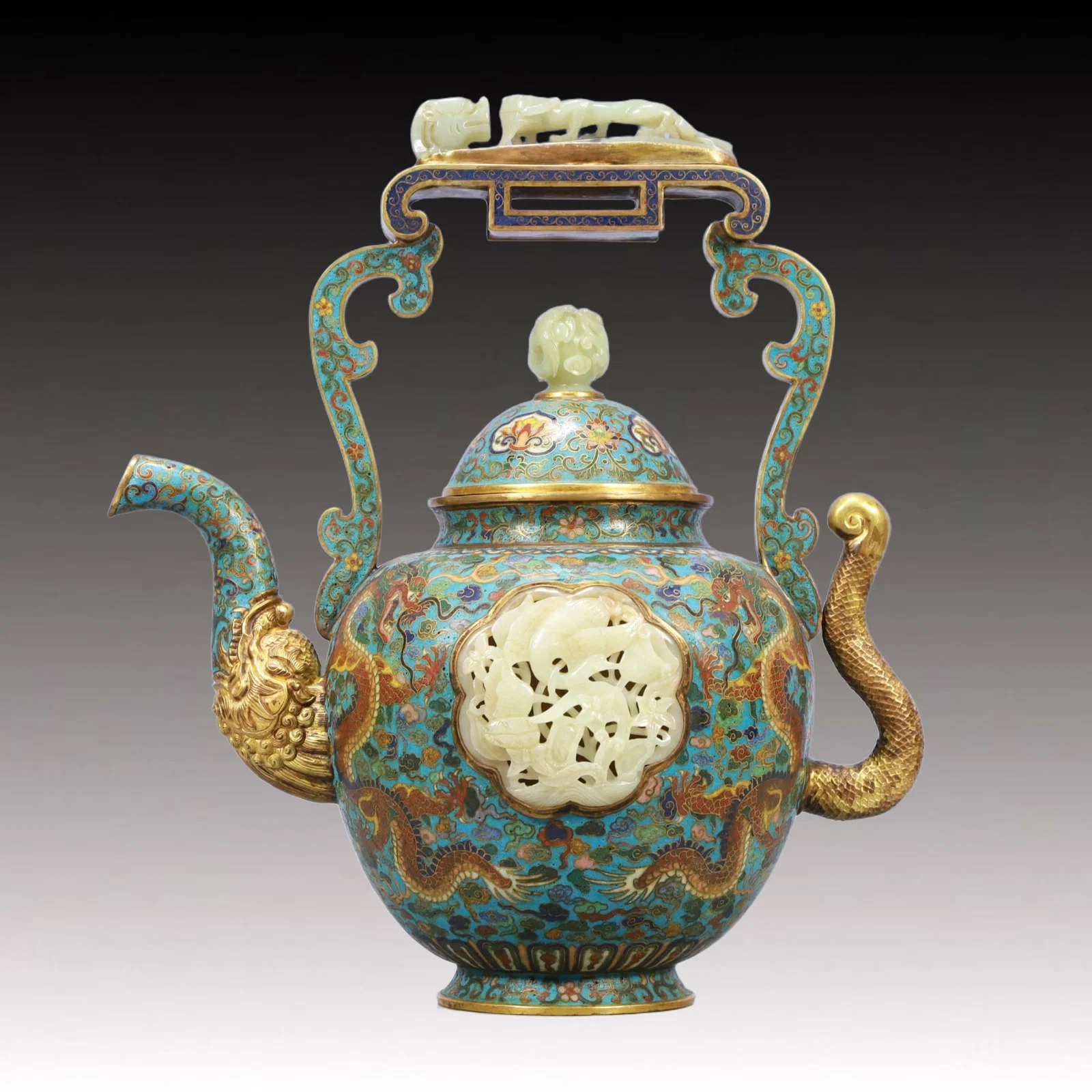A Rare Cloisonne Inlaid White Jade Auspicious Cloud and Dragon Pattern Ewer