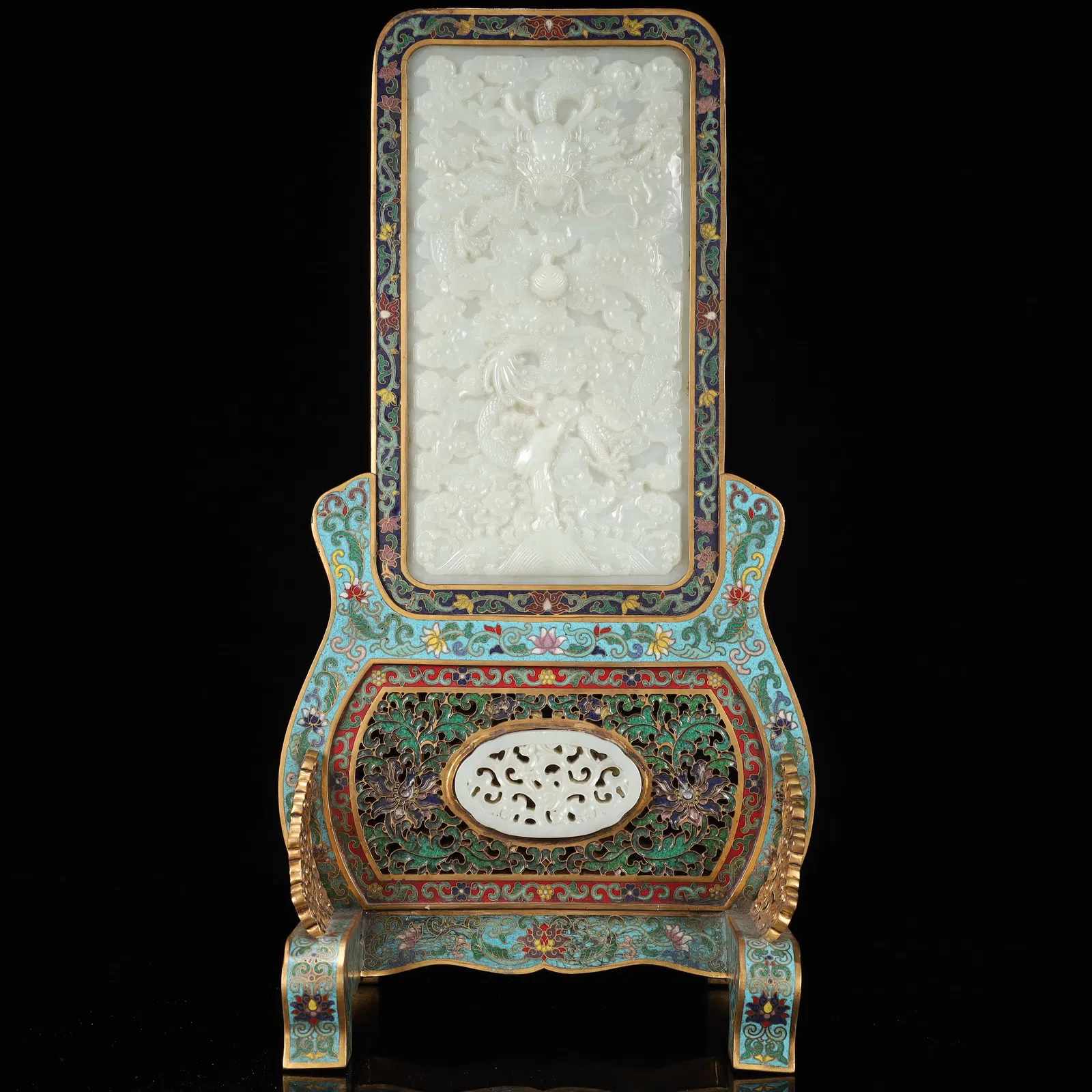 A Rare Cloisonne Inlaid White Jade Auspicious Cloud and Dragon Pattern Table Screen,With an Imperial