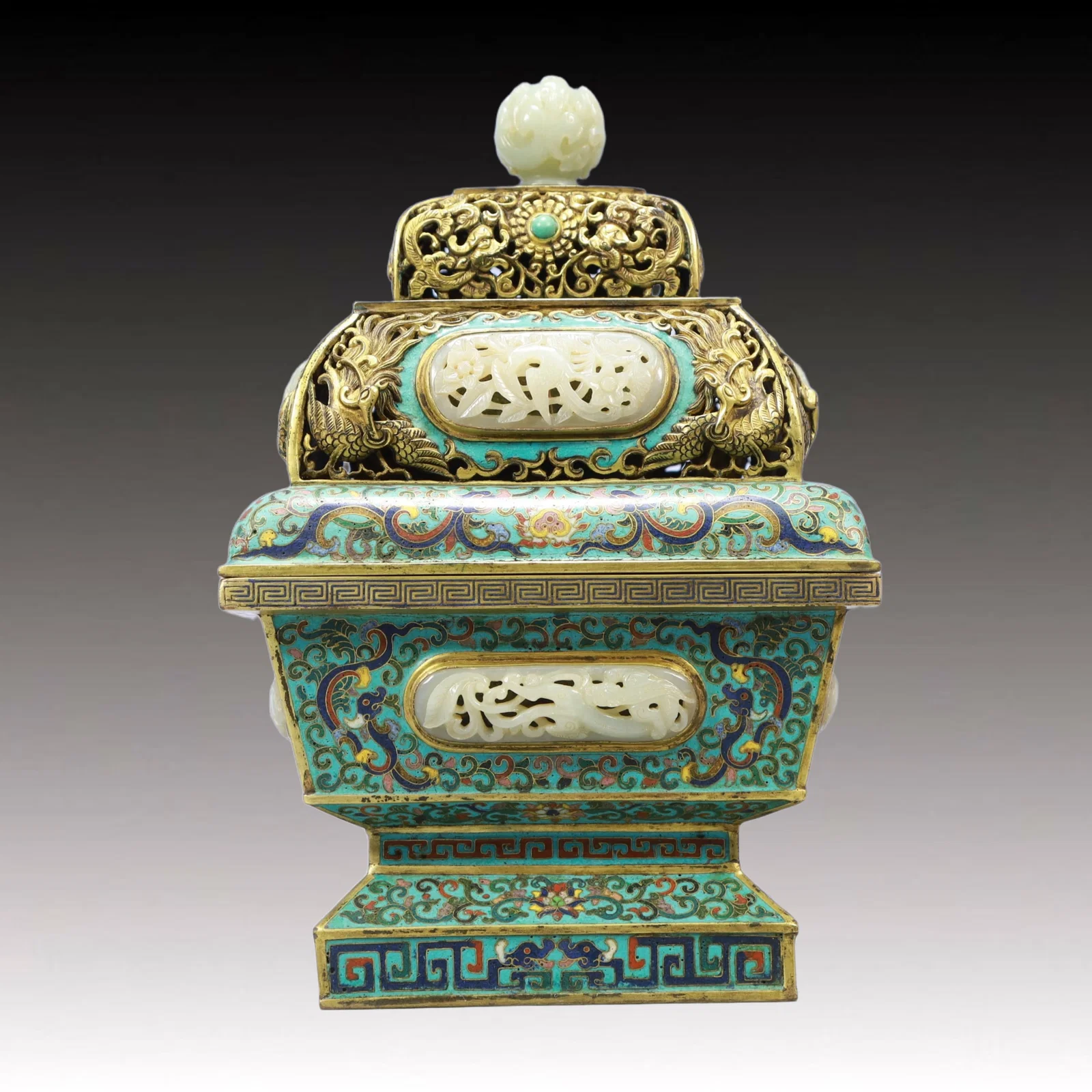 A Rare Cloisonne Inlaid White Jade Dragon and Phoenix Pattern Censer
