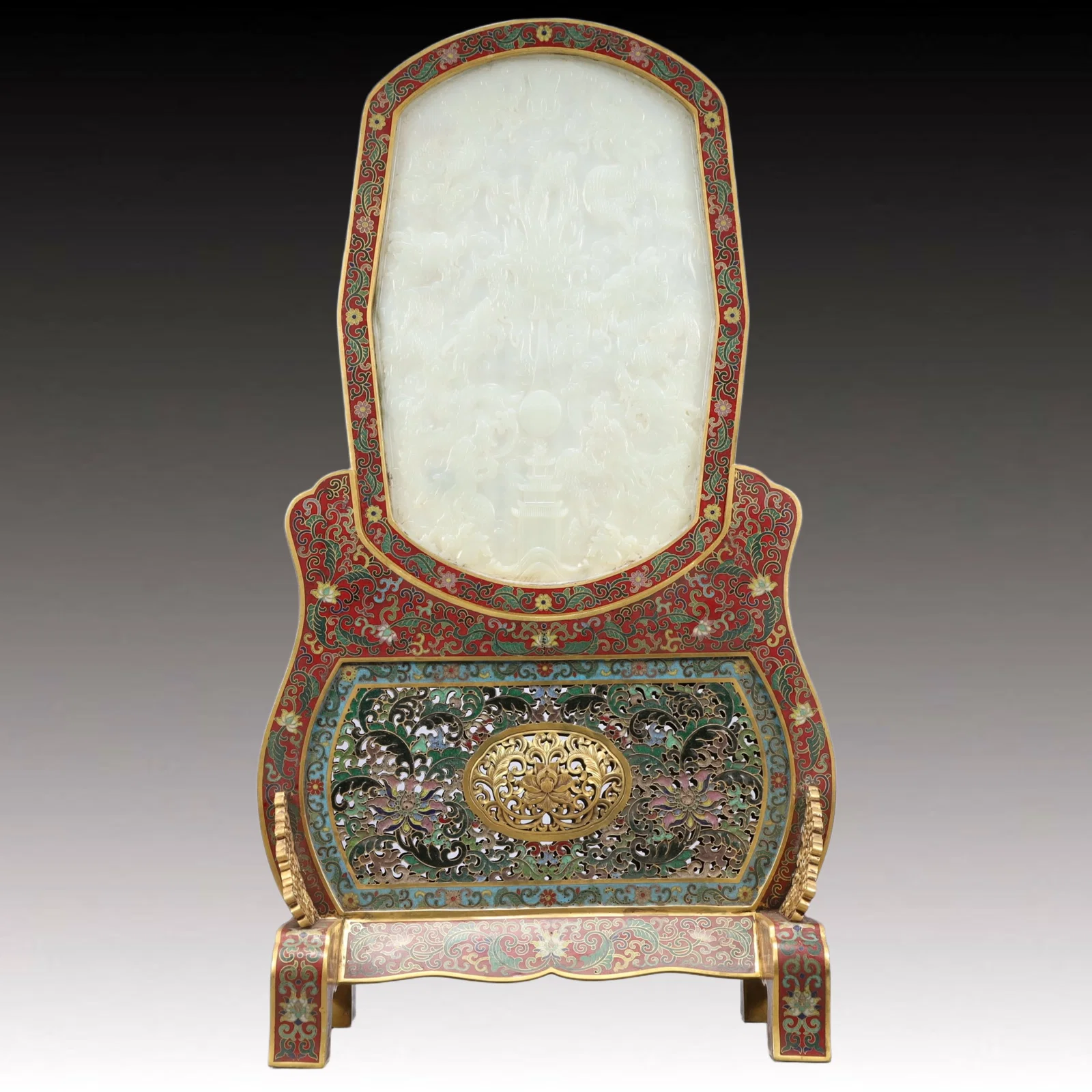 A Rare Cloisonne Inlaid White Jade Dragon Pattern Table Screen,with an Imperial Poem by Emperor