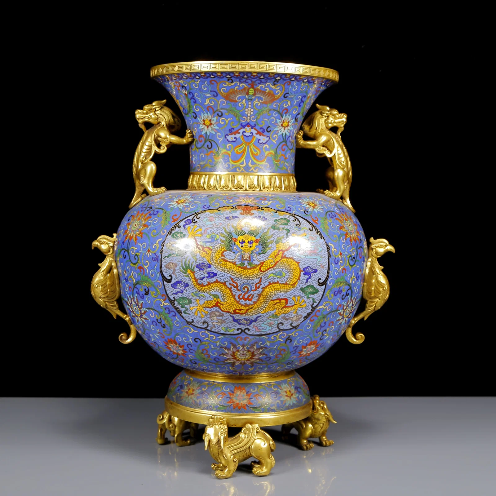 A Rare Cloisonne Lotus and Dragon and Phoenix Pattern Double-Ears Vase