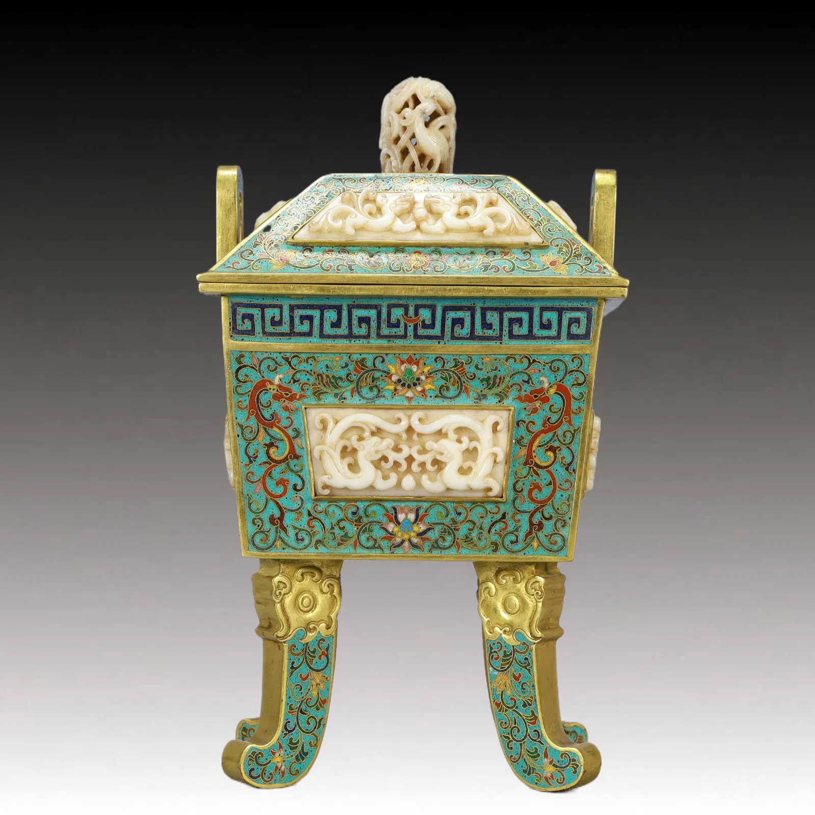 A Rare Cloisonne Lotus and Dragon Pattern Double-Ears Censer,Inlaid White Jade