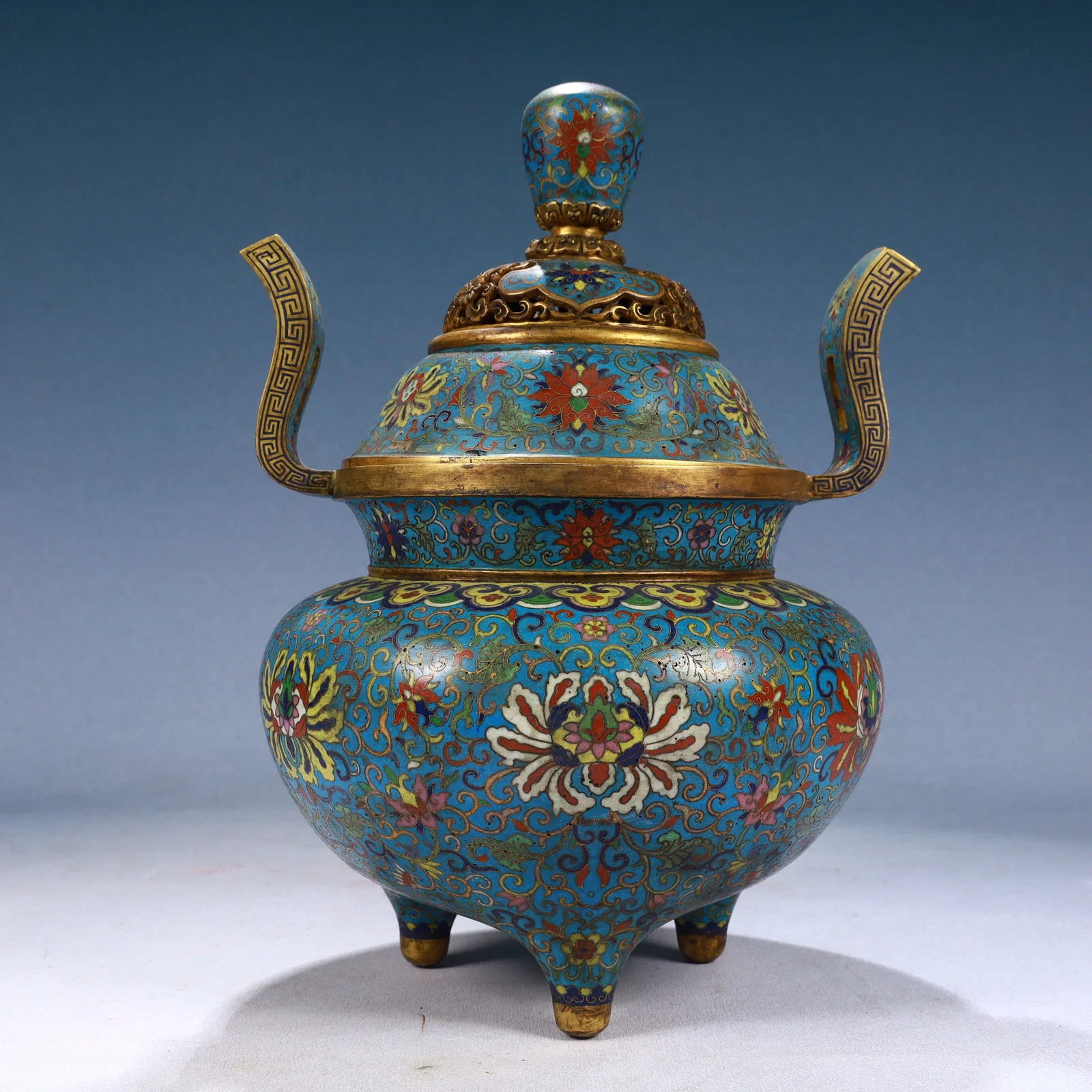 A Rare Cloisonne Lotus Pattern Double-Ears and Tripod Censer