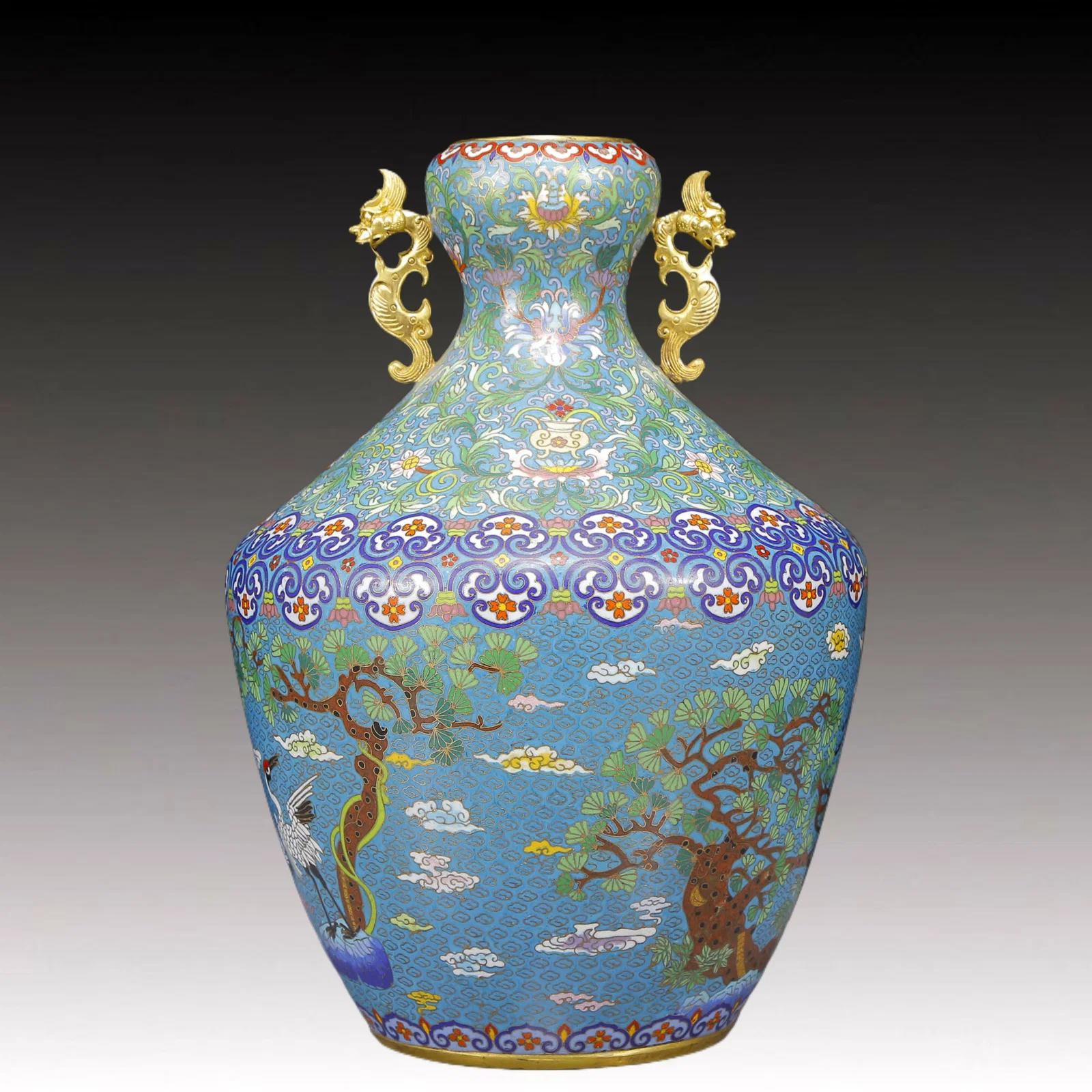 A Rare Cloisonne Pine and Crane Pattern Double-Ears Vase