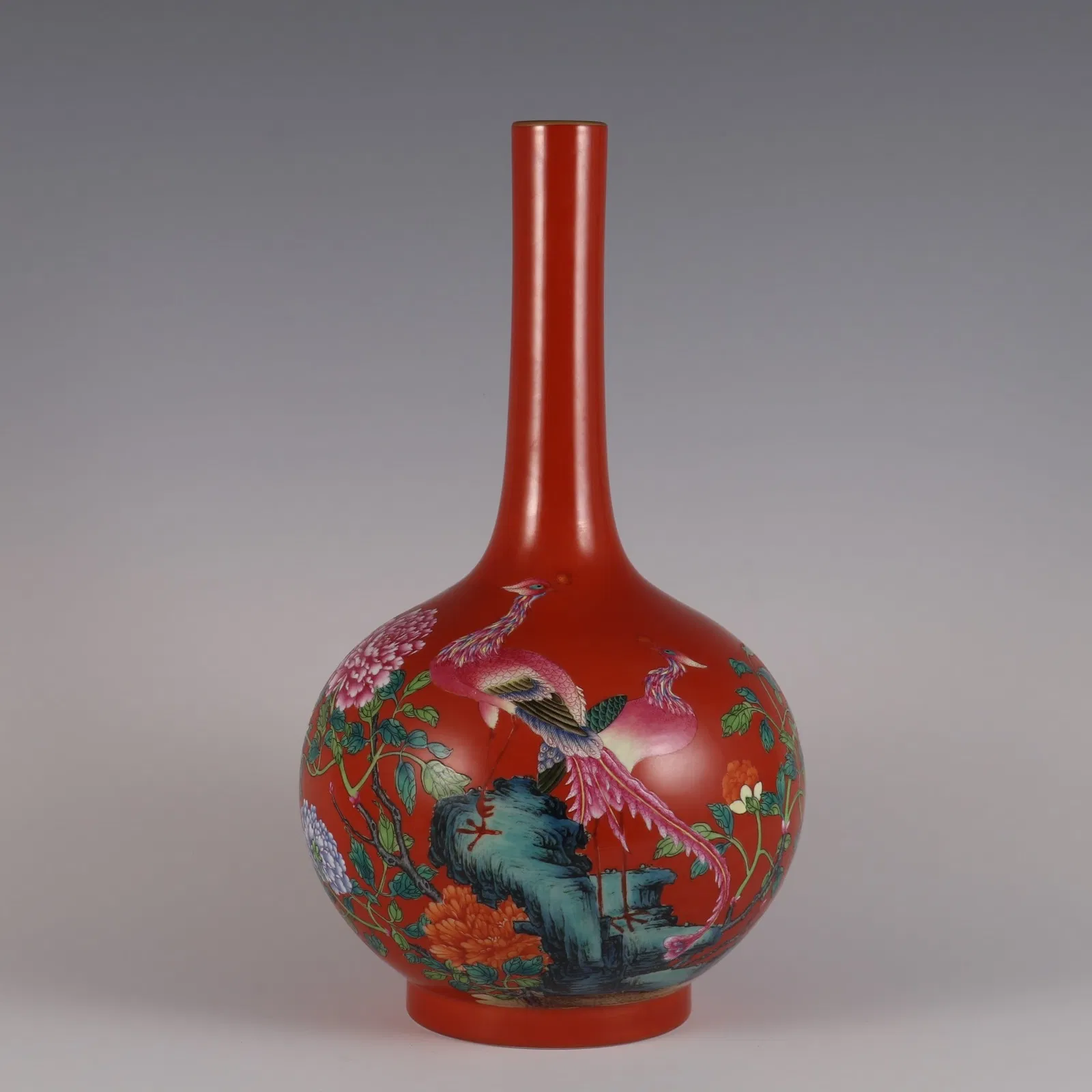 A Rare Coral Red Base Famille Rose Phoenix and Peony Pattern Vase