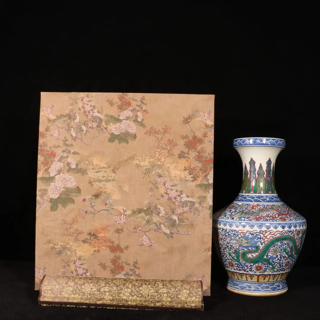 A Rare Doucai Flower,Dragon and Phoenix Pattern Vase,With Vertical Scroll Painting on Silk