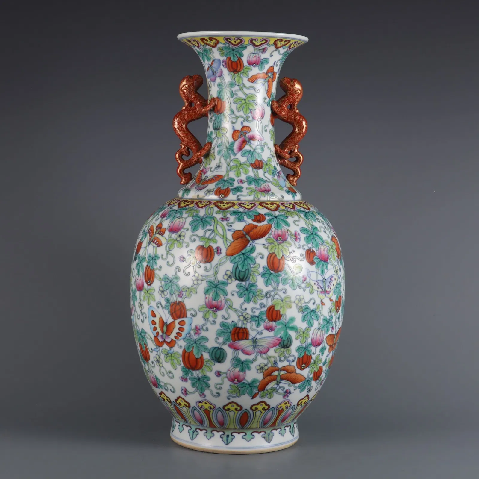 A Rare Doucai Melon and Butterfly Pattern Double Li Dragon Ear Vase