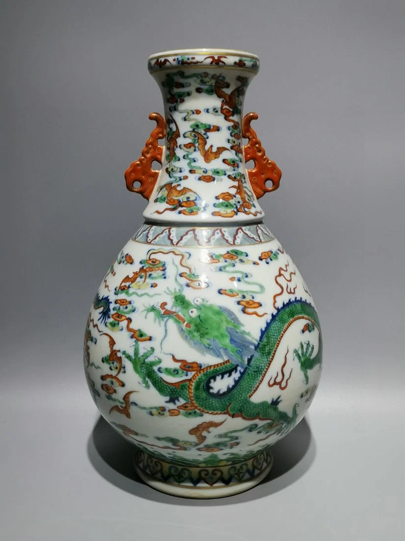 A Rare Doucai Painted Gold Auspicious Cloud and Dragon Pattern Double-Ears Vase