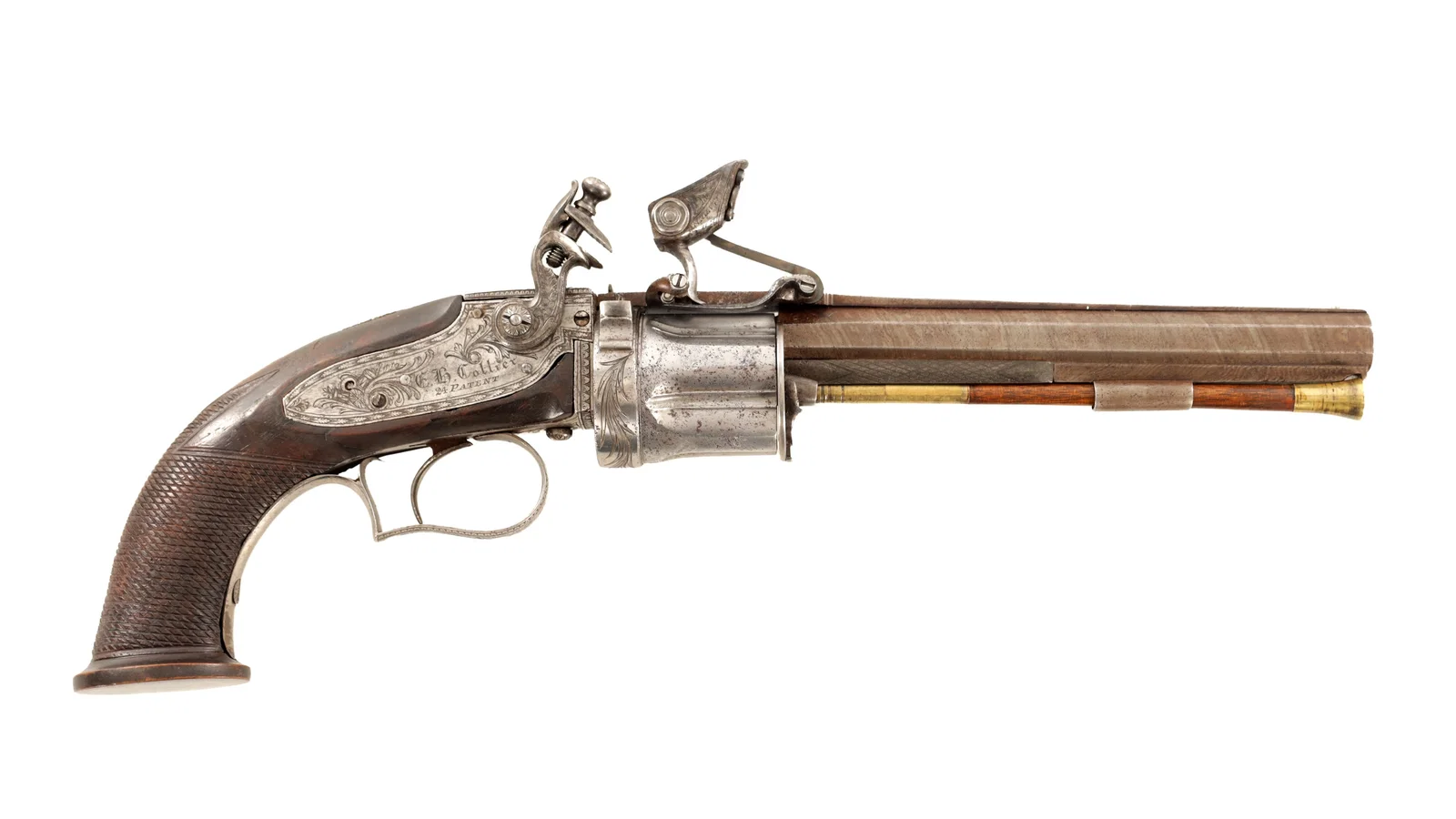 A RARE E. H. COLLIER PATENT FIVE-SHOT FLINTLOCK REVOLVER, NO. 24