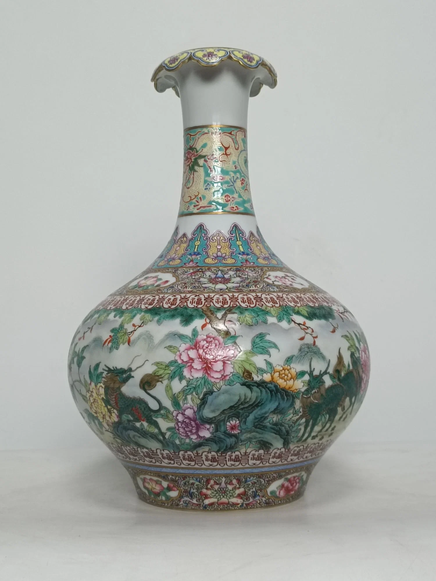 A Rare Enamel Flower and Kylin Pattern Vase