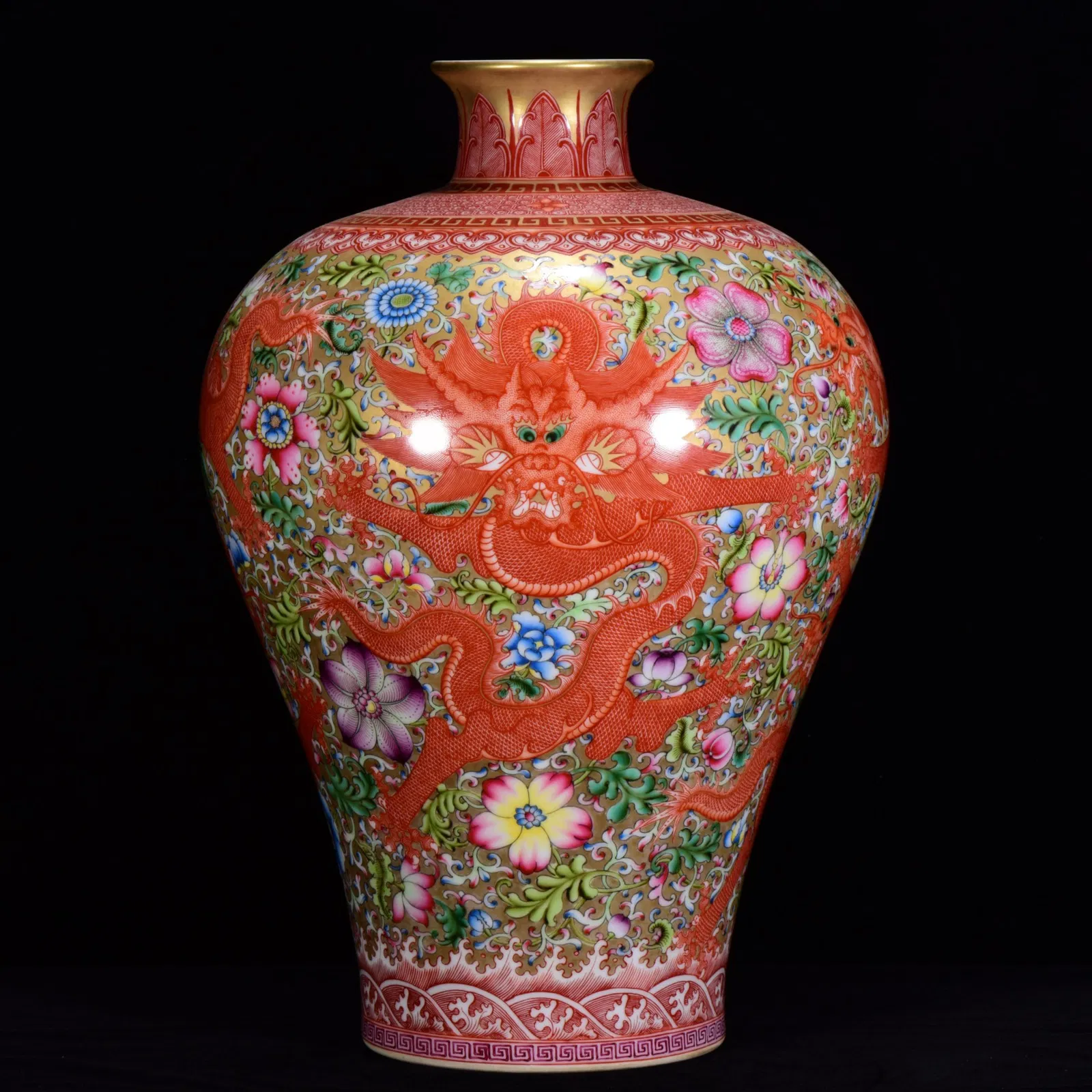 A Rare Enamel Gold Ground Flower and Dragon Pattern Vase