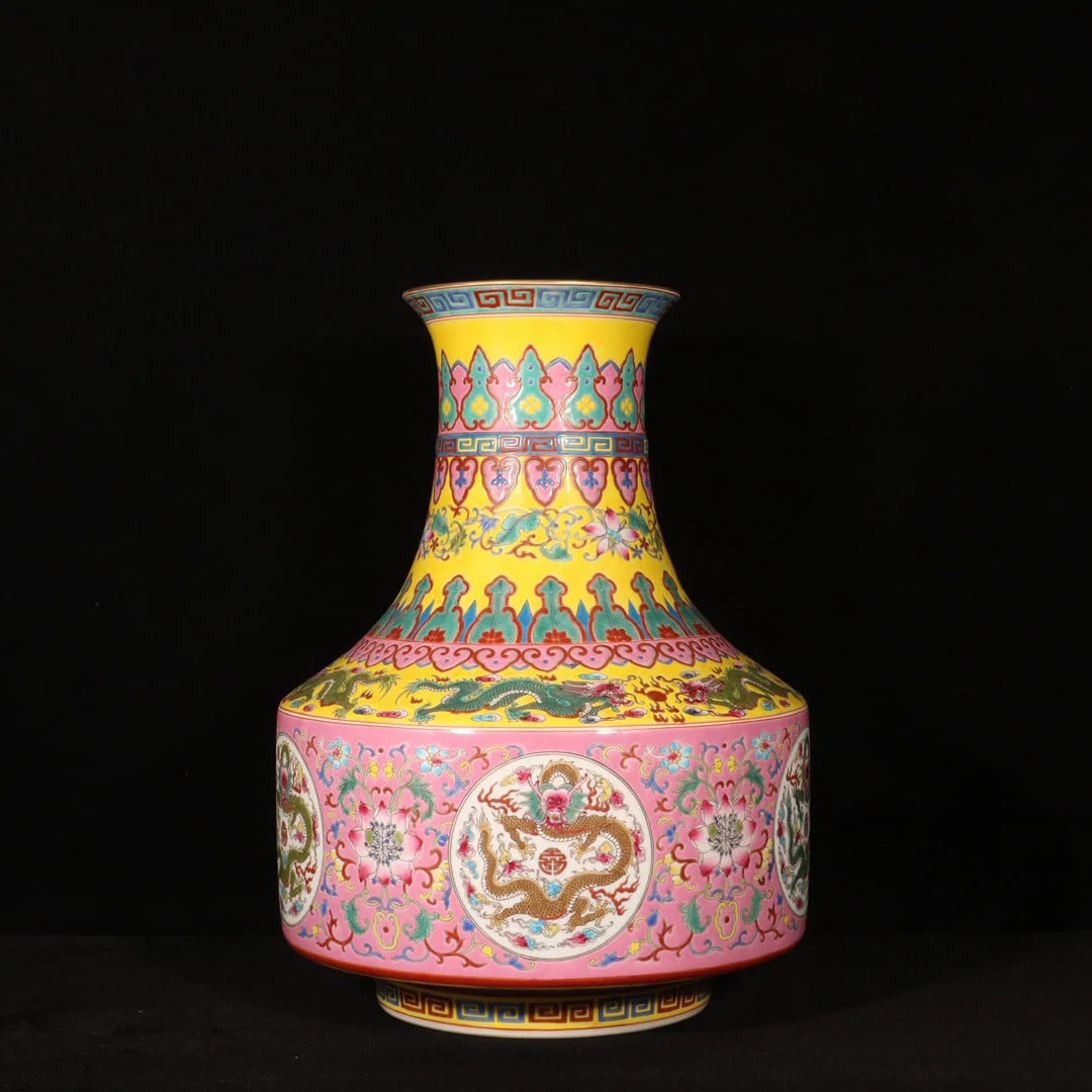 A Rare Enamel Painted Gold Flower and Dragon Pattern Vase