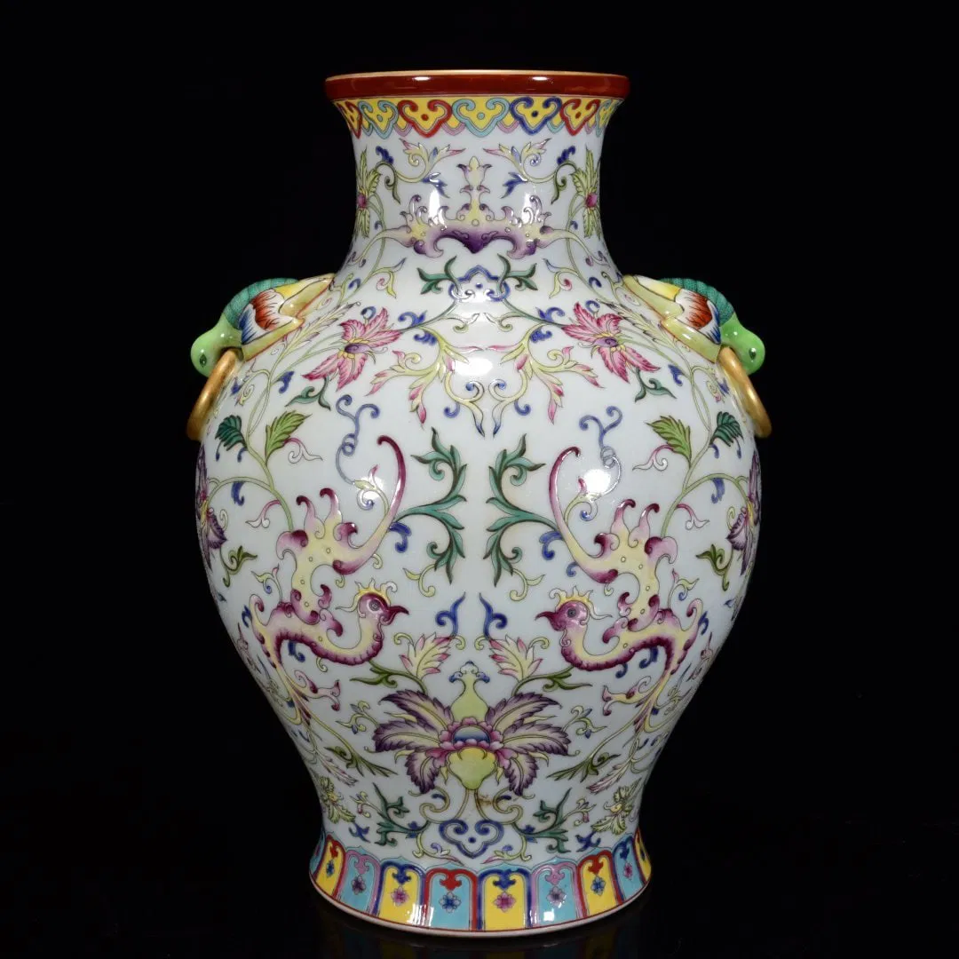 A Rare Enamel Painted Gold Lotus and Phoenix Pattern Bats-Ears Vase