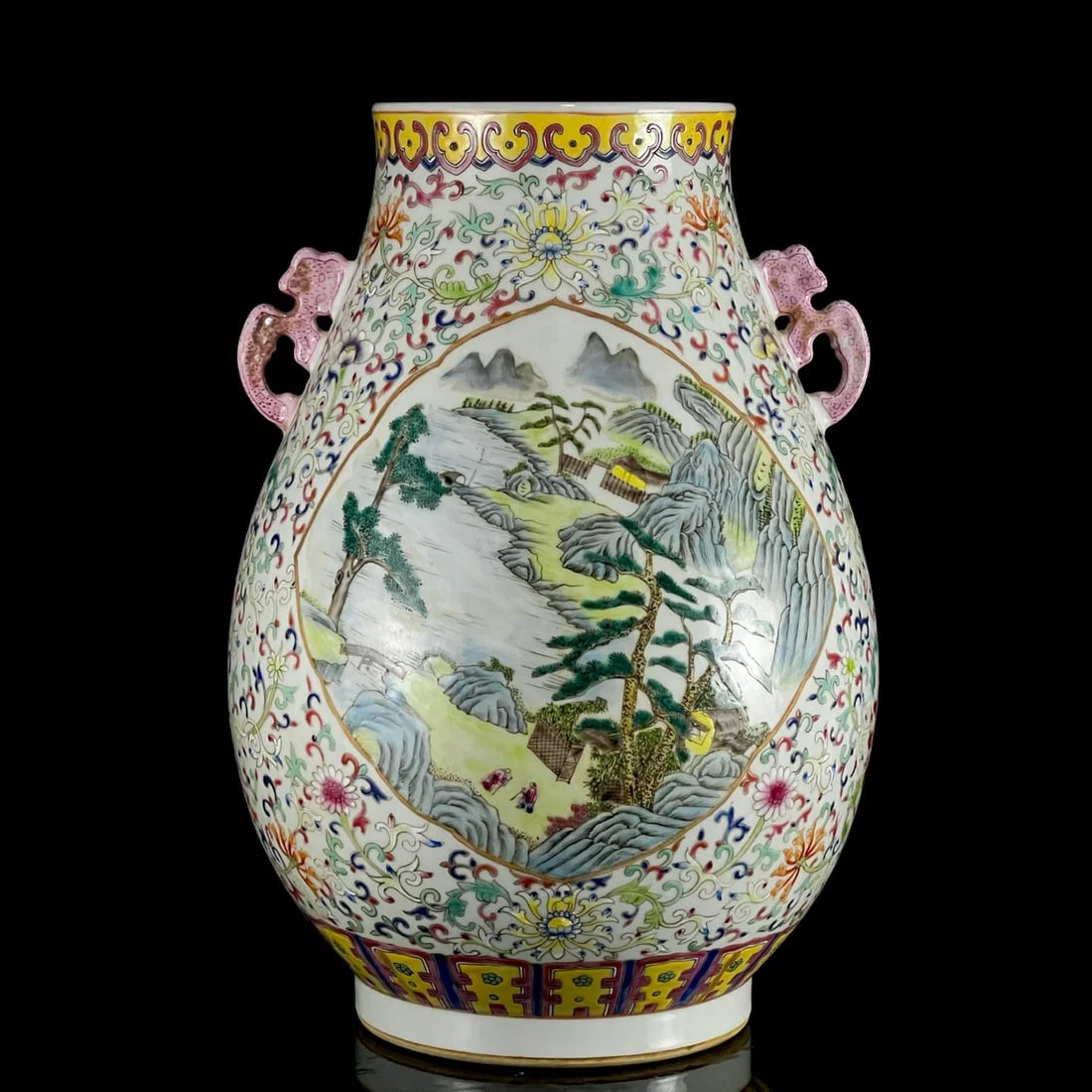 A Rare Enamel Painted Gold Lotus,Landscape and Figure Pattern Double-Ears Vase