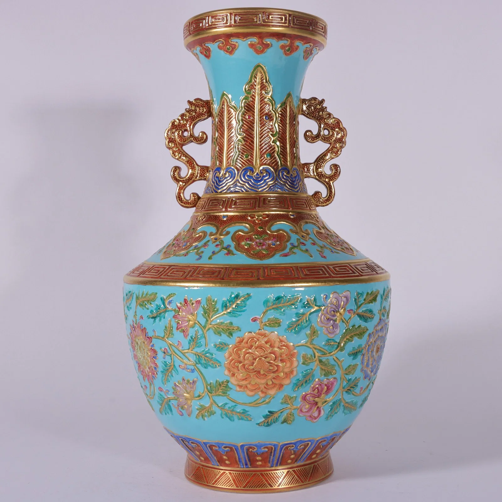 A Rare Enamel Turquoise Ground Painted Gold Flower Pattern Dragon-Ears Vase