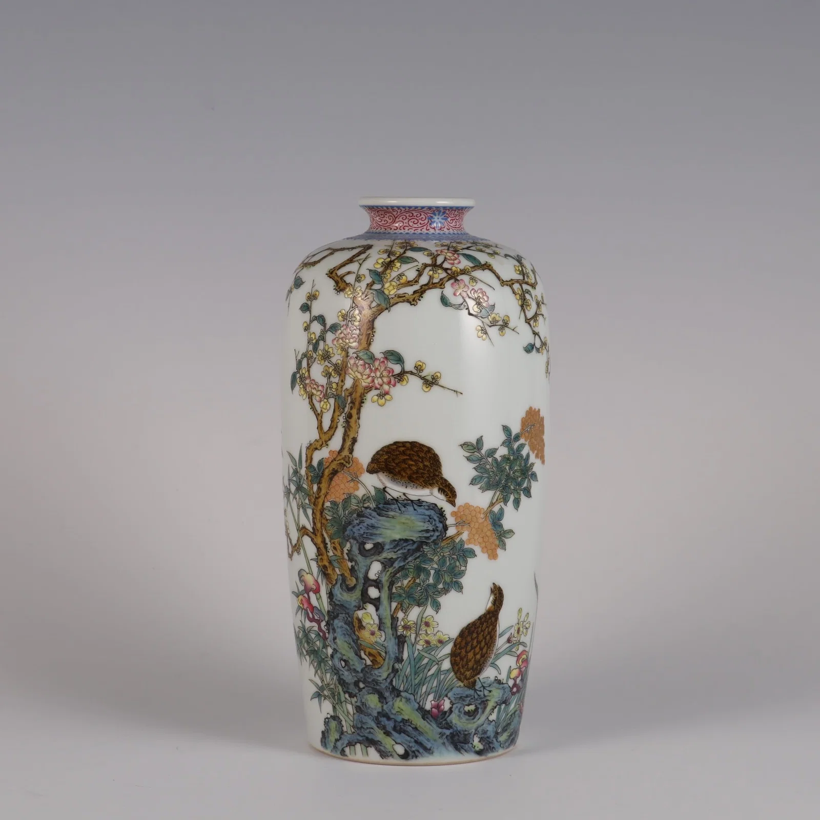 A Rare Enameled Inscribed Flower and Bird Pattern Vase