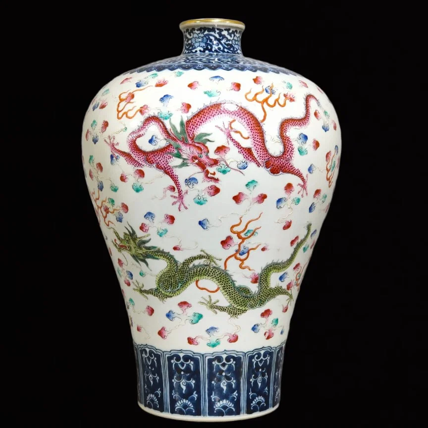 A Rare Famille-Rose Auspicious Cloud and Dragon Pattern Vase