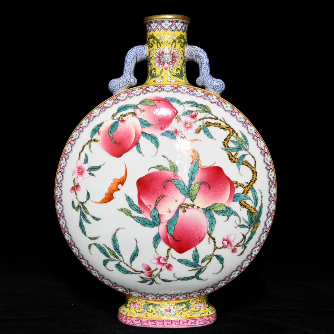 A Rare Famille-Rose Bats and Peach Pattern Double-Ears Vase