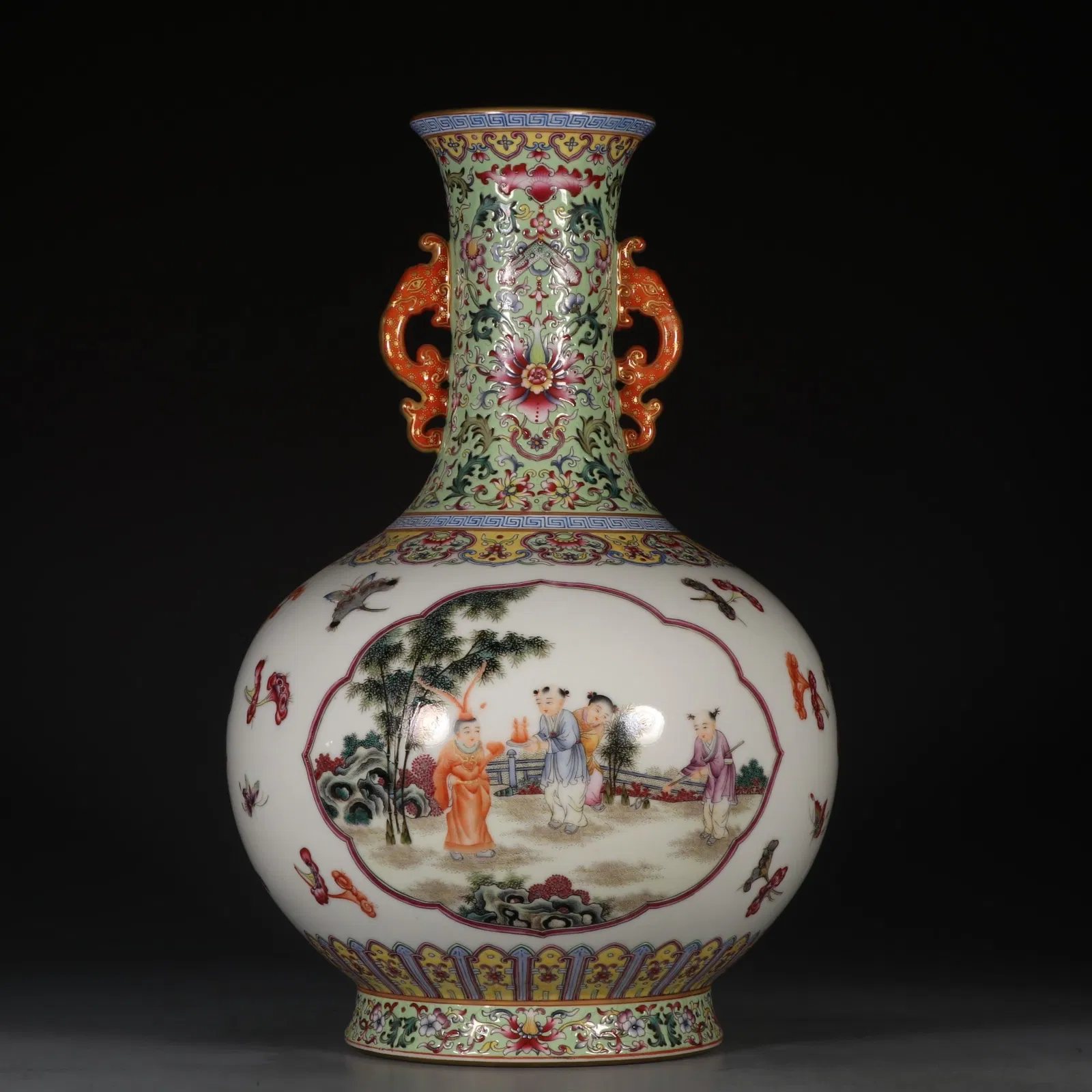 A Rare Famille-Rose Figure and Story Pattern Double-Ears Vase