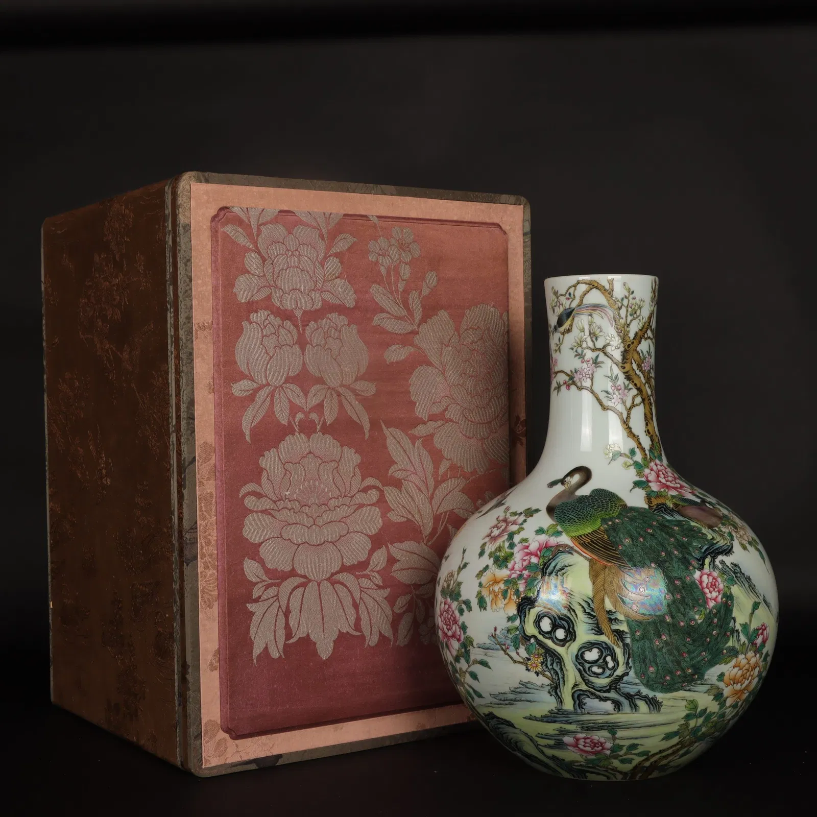 A Rare Famille-Rose Flower and Peacock Pattern Vase,with Poem
