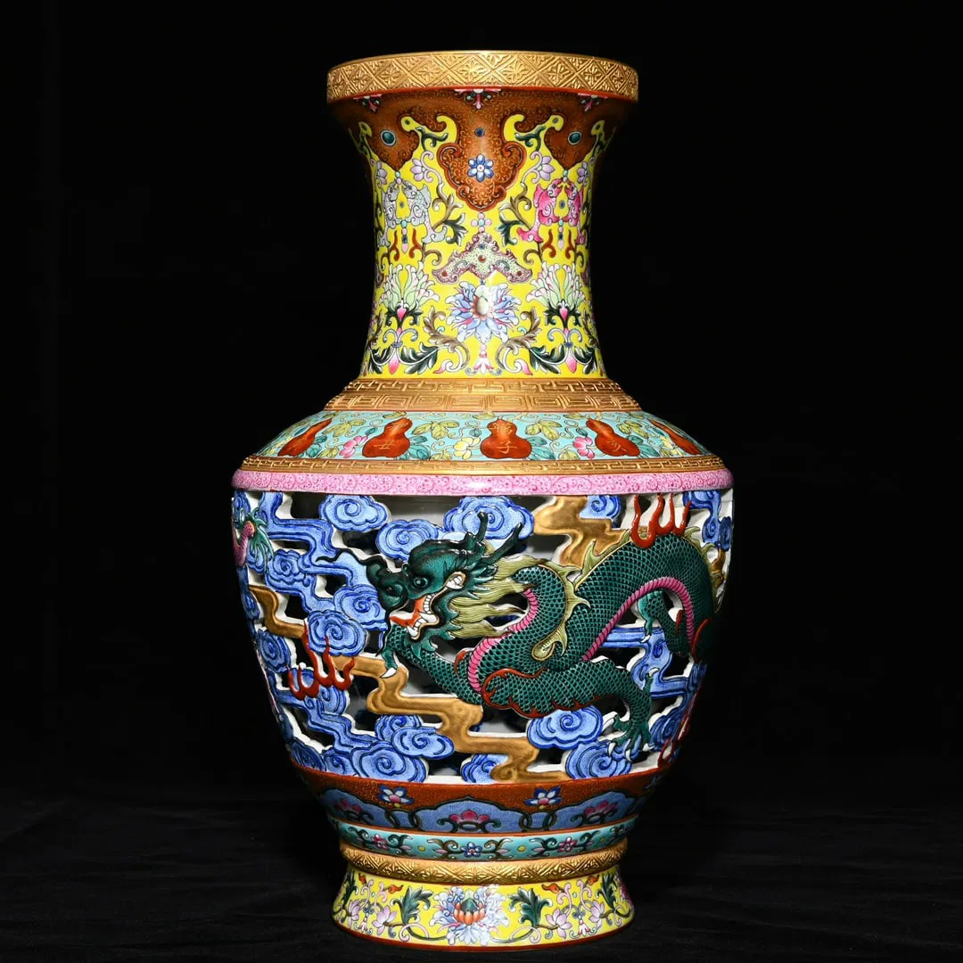 A Rare Famille-Rose Gilt Auspicious Cloud and Dragon Pattern Vase