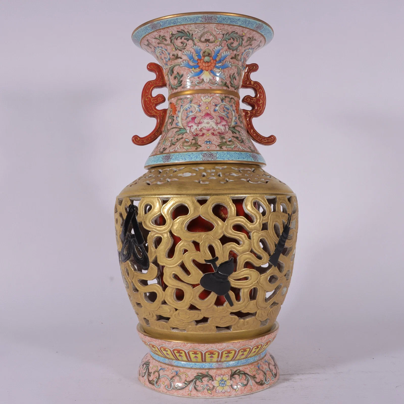 A Rare Famille-Rose Gold Ground Eight Treasures Pattern Double-Ears Vase