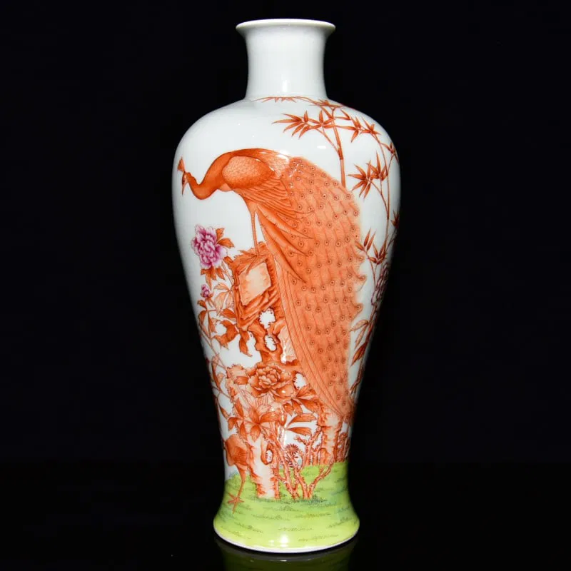 A Rare Famille-Rose Iron-Red Glazed Peony and Peacock Pattern Vase,With Poem