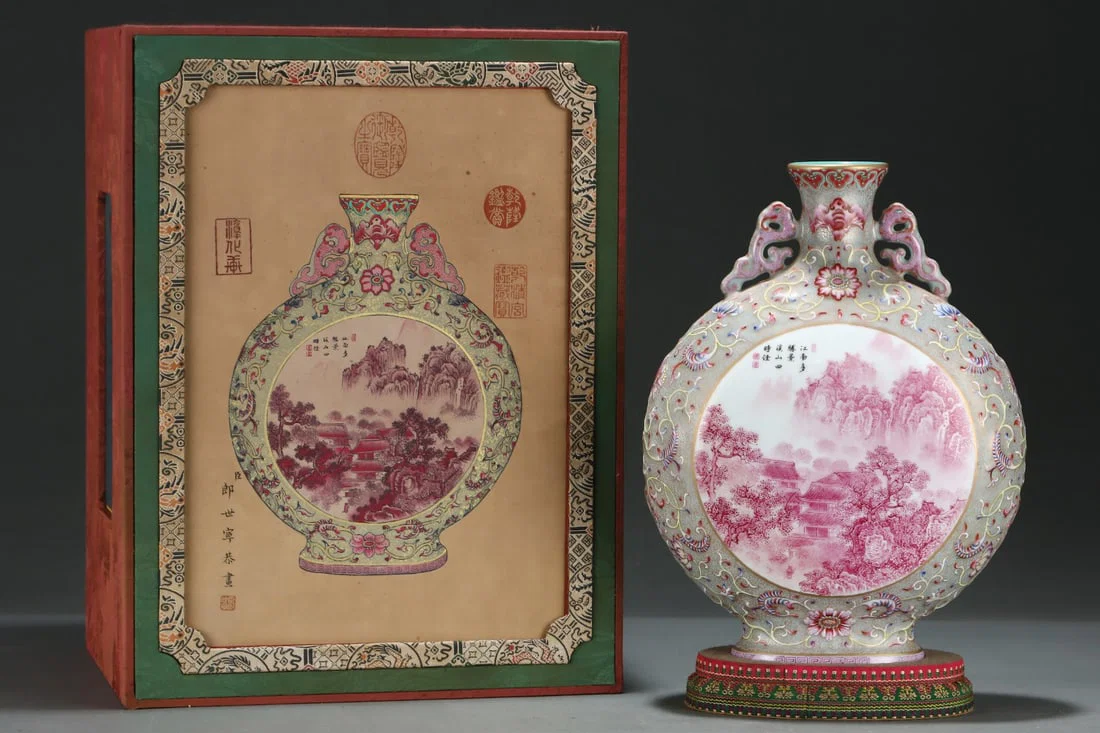 A Rare Famille-Rose Landscape Pattern Double-Ears Vase