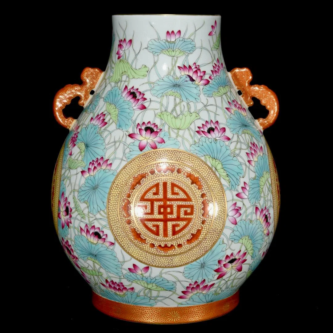 A Rare Famille-Rose Lotus Pattern Double-Ears Vase