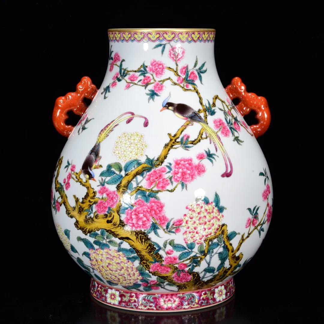 A Rare Famille-Rose Painted Gold Flower and Bird Pattern Double-Ears Vase,With Poem