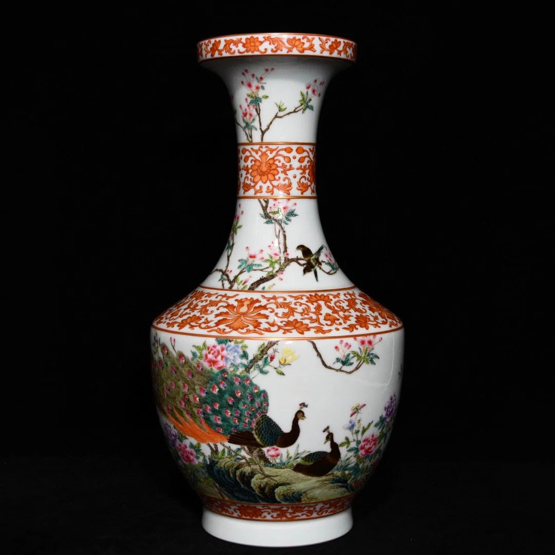 A Rare Famille-Rose Painted Gold Flower and Bird Pattern Vase,With Poem