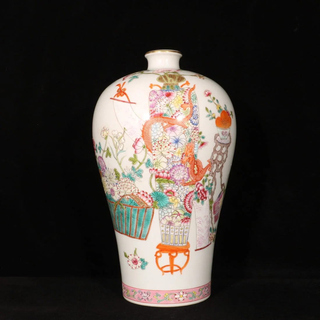A Rare Famille-Rose Painted Gold Flower and Dragon Pattern Vase