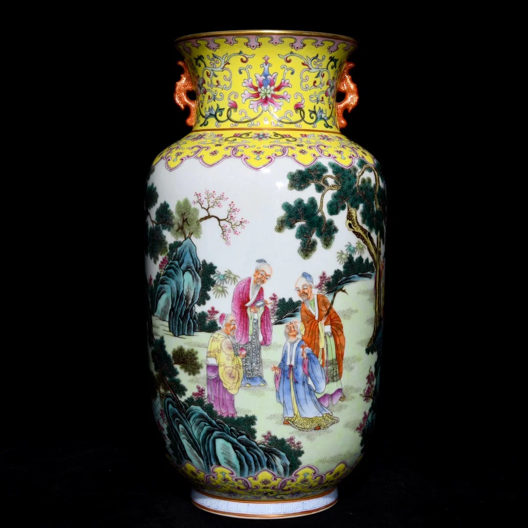 A Rare Famille-Rose Painted Gold Landscape and Figure Pattern Double-Ears Vase