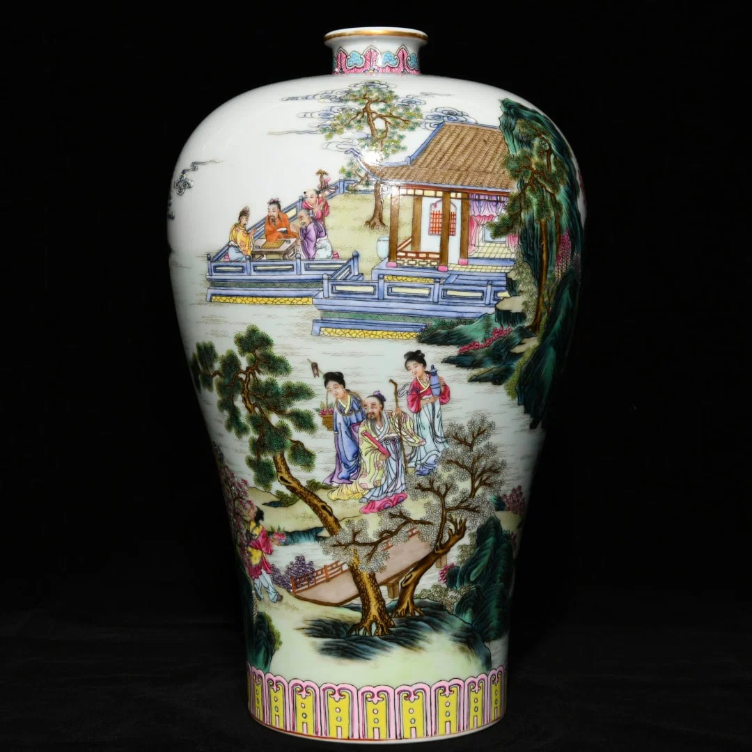 A Rare Famille-Rose Painted Gold Landscape and Figure Pattern Vase