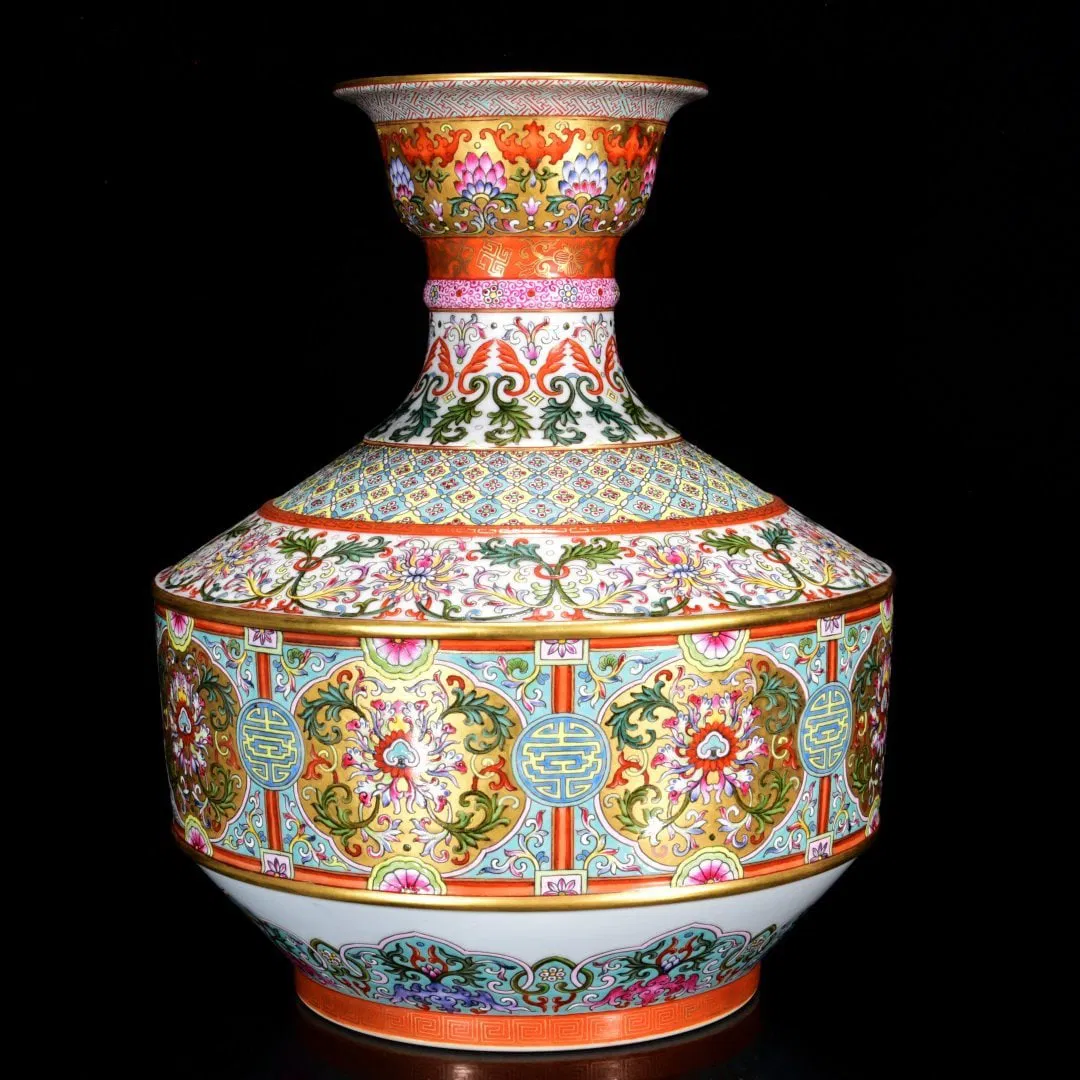 A Rare Famille-Rose Painted Gold Lotus Pattern Vase