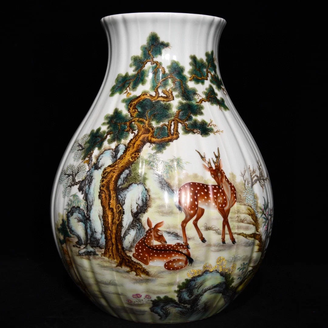 A Rare Famille-Rose Pine and Deer Pattern Vase,With Poem