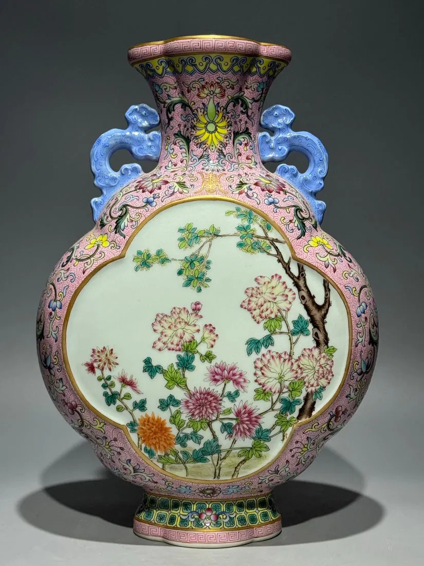 A Rare Famille-Rose Pink Ground Painted Gold Flower Pattern Double-Ears Vase
