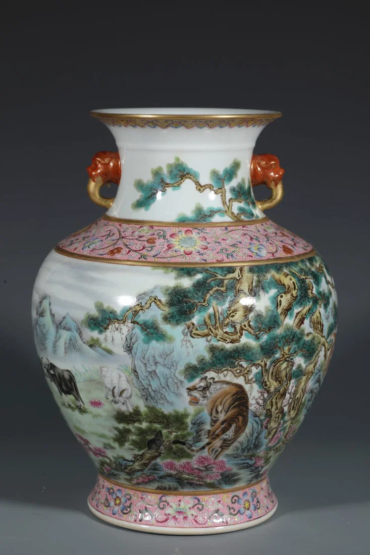 A Rare Famille-Rose the Twelve Chinese Zodiac Signs Pattern Double-Ears Vase