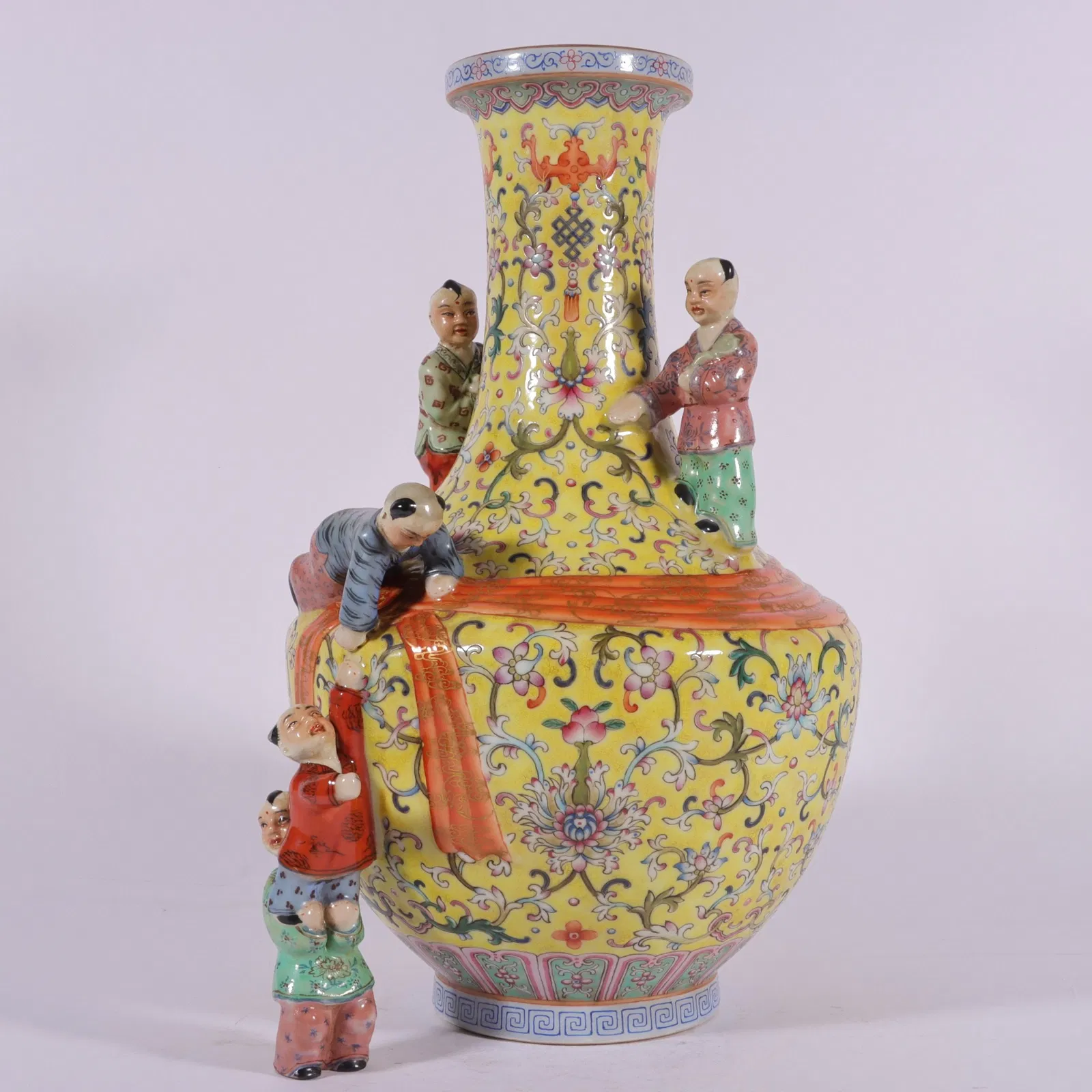 A Rare Famille-Rose Yellow Ground Painted Gold Lotus and Figure Pattern Vase
