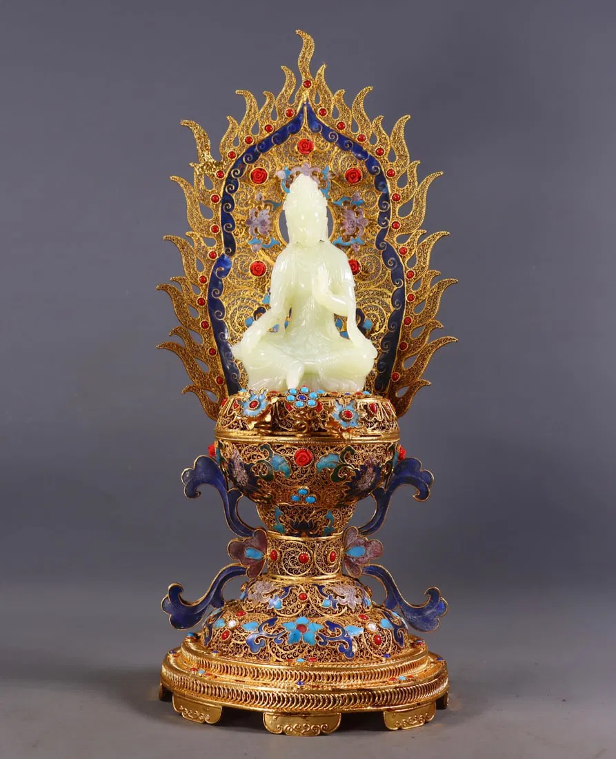 A Rare Flower silk gold-plated Inlaid White Jade Buddha Statue,Inlaid Gems