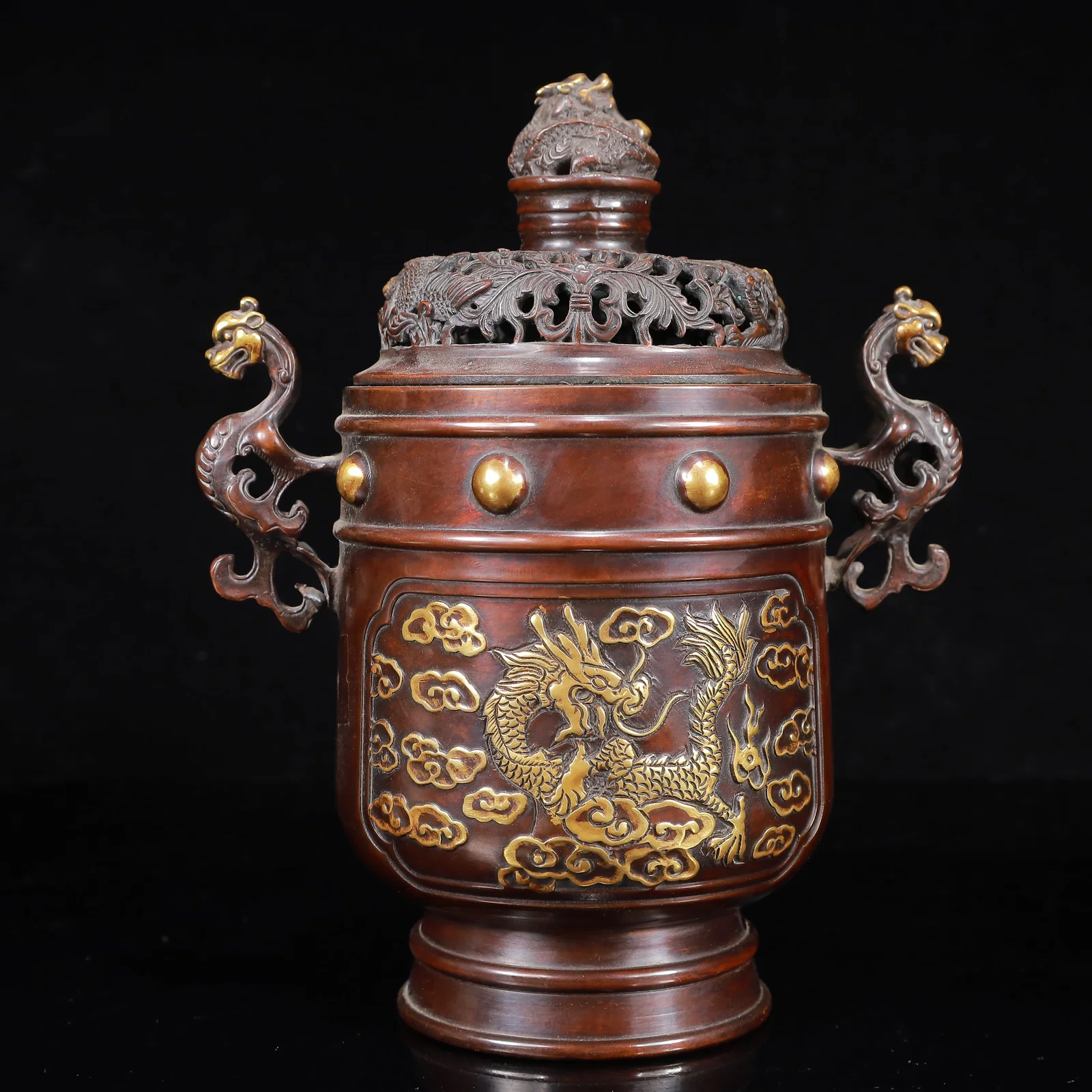 A Rare Gilt Bronze Auspicious Cloud and Dragon Pattern Double-Ears Censer
