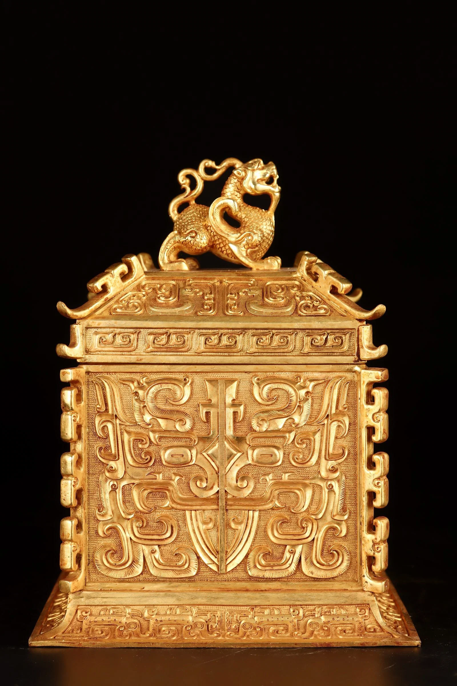 A Rare Gilt Bronze Beast-Face Pattern Seal,With Poem