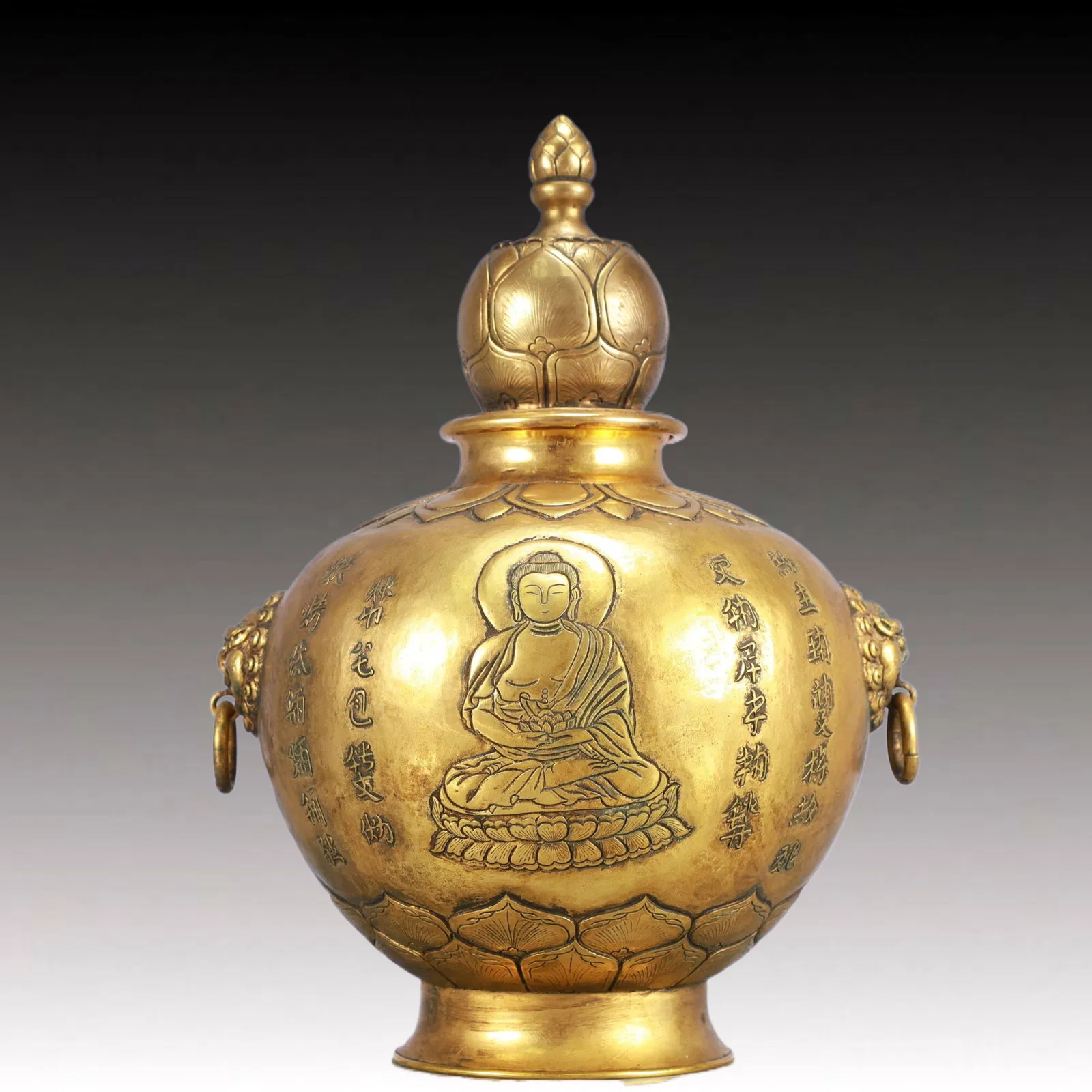 A Rare Gilt Bronze Buddha Statue Pattern Double-Ears Pot
