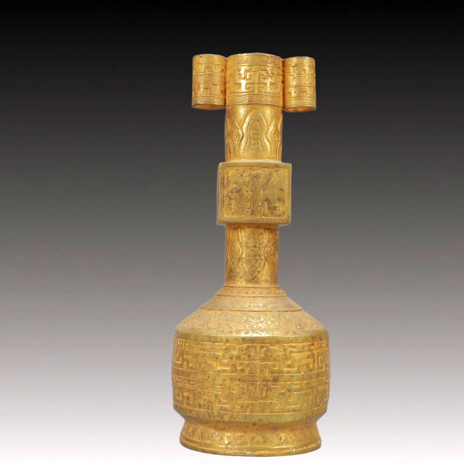 A Rare Gilt Bronze Double-Ears Vase,With Inscription