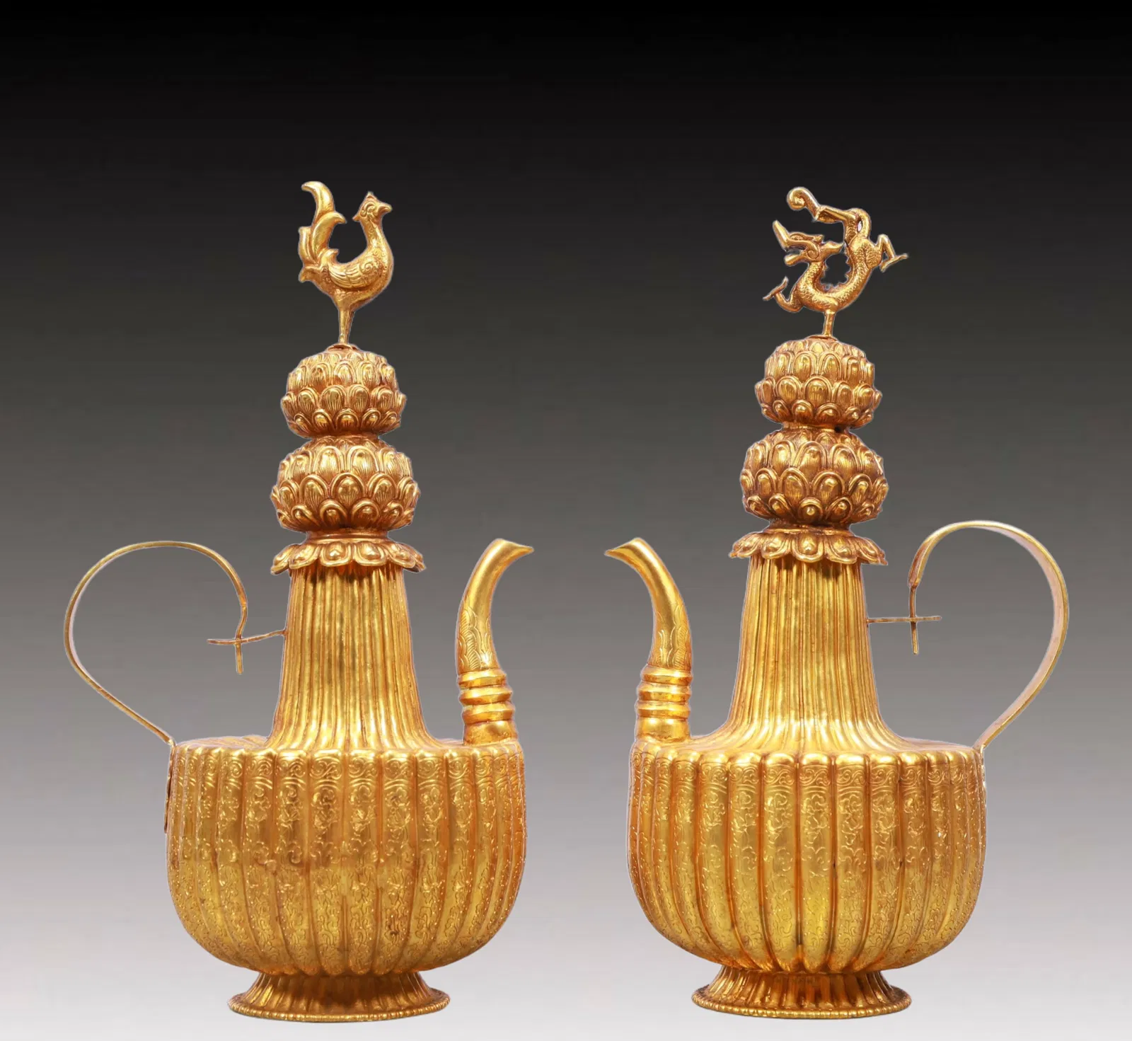 A Rare Gilt Bronze Dragon and Phoenix Pattern Ewer