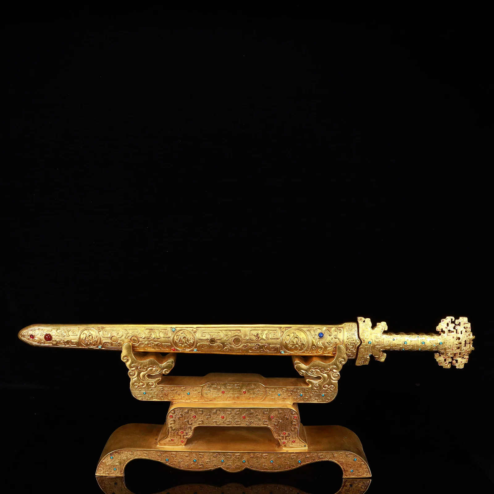 A Rare Gilt Bronze Dragon Pattern Sword,Inlaid Gems,With Base