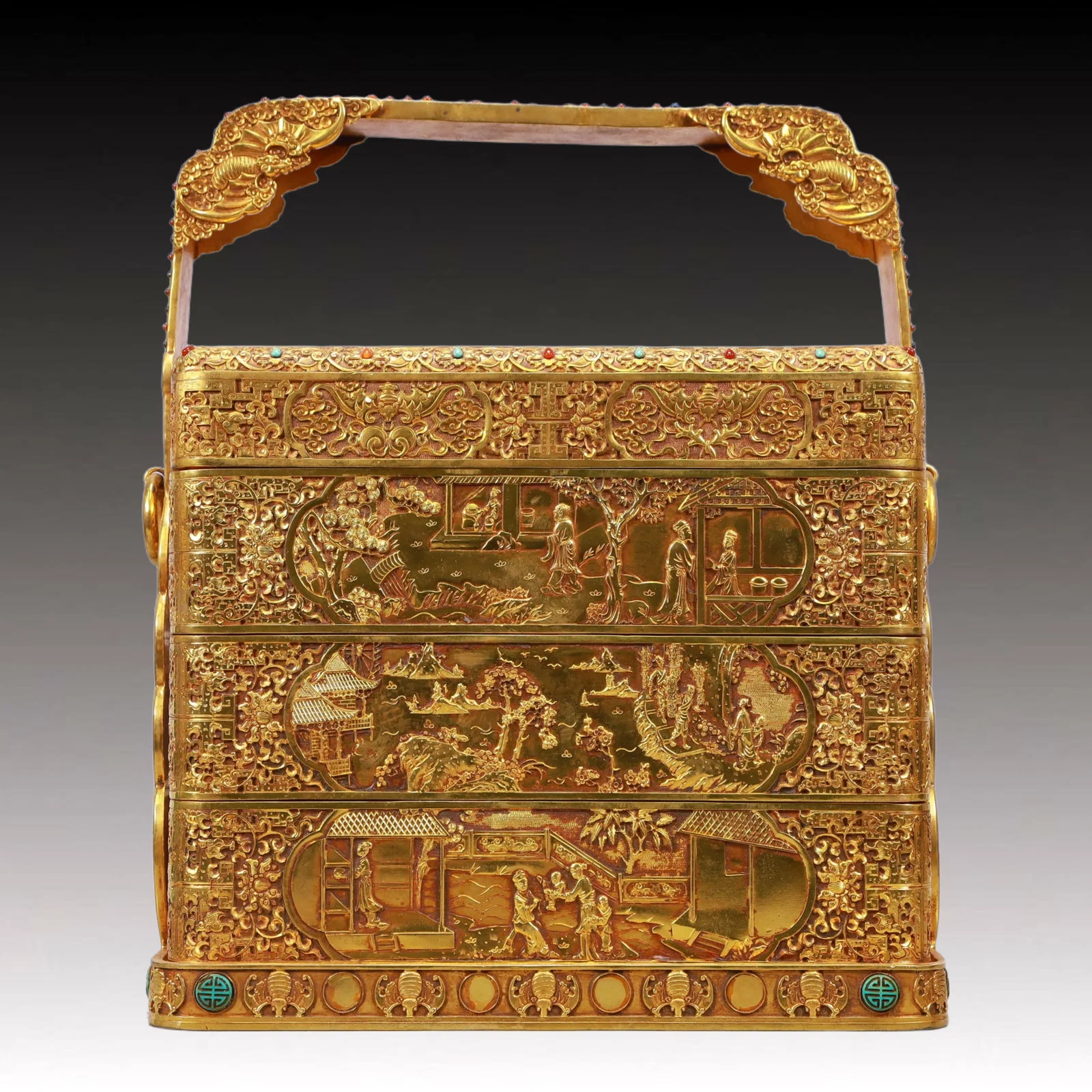 A Rare Gilt Bronze Figure Pattern Box,Inlaid Turquoise