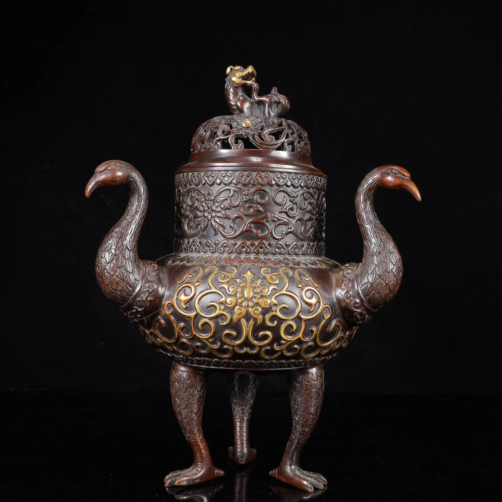 A Rare Gilt Bronze Flower Pattern Double-Ears and Tripod Censer