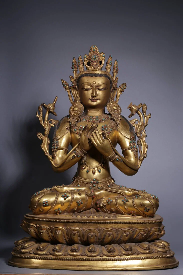 A Rare Gilt Bronze Inlaid Gems Statue of Manjusri