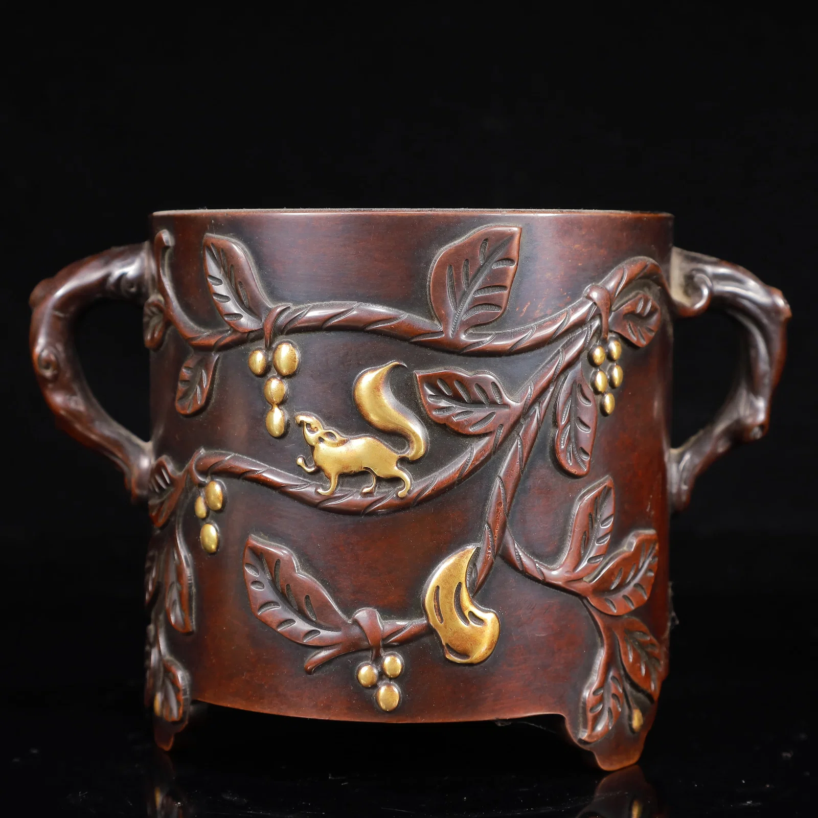 A Rare Gilt Bronze Squirrel and Grapes Pattern Double-Ears and Tripod Censer